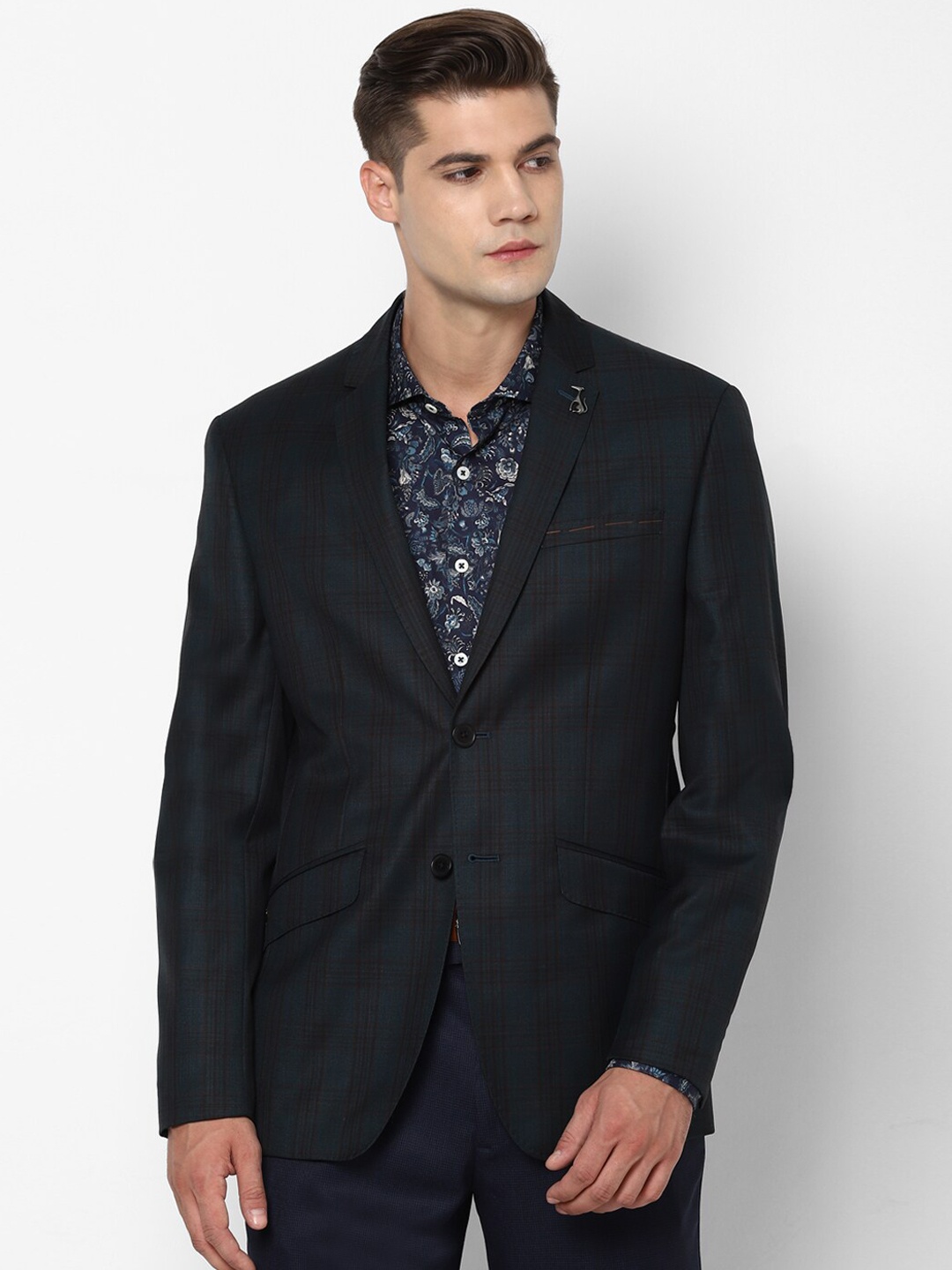 

SIMON CARTER LONDON Men Navy Blue Checked Slim-Fit Single Breasted Formal Blazer