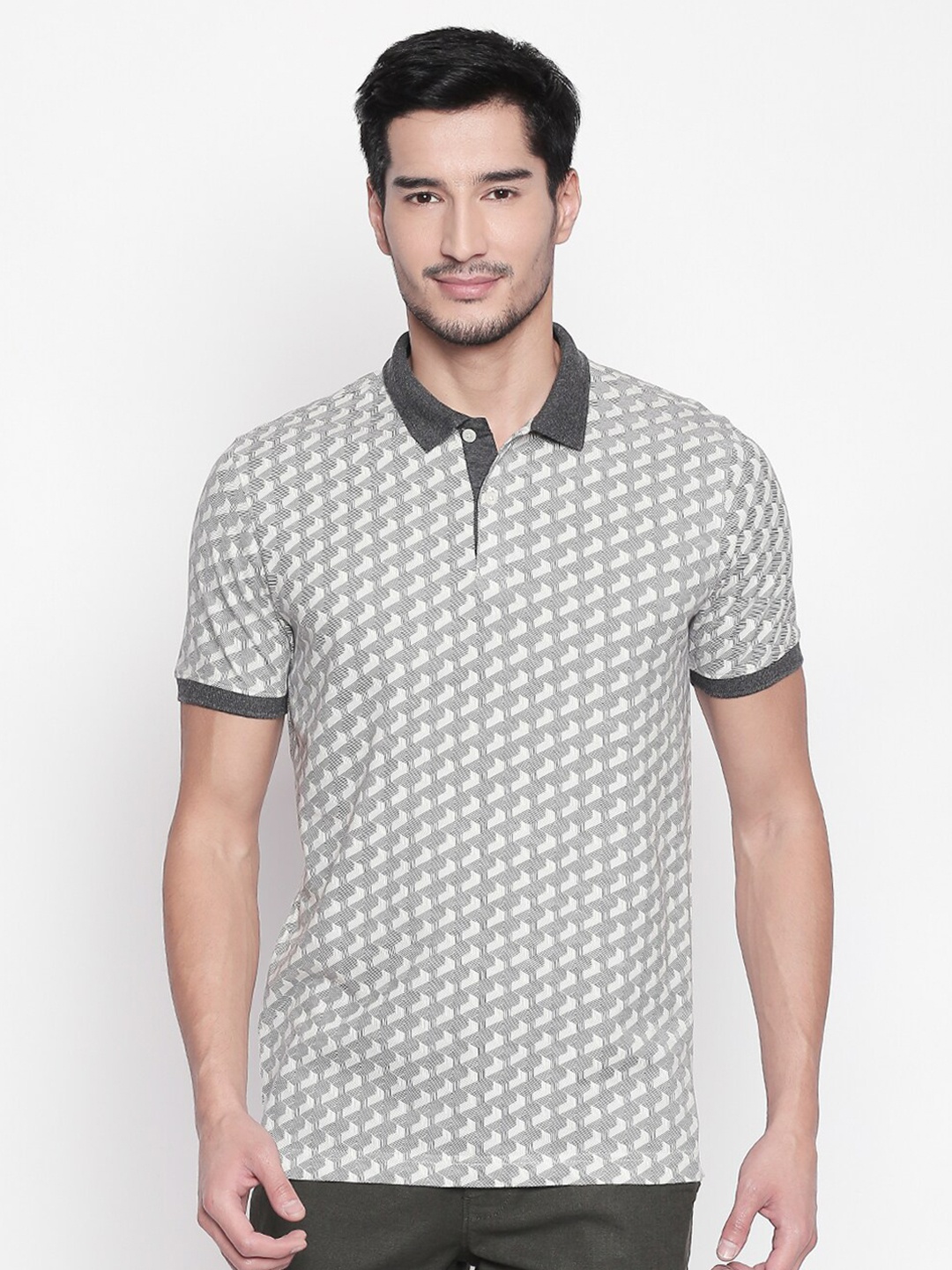 

BYFORD by Pantaloons Men Grey Melange & Black Printed Polo Collar Slim Fit T-shirt