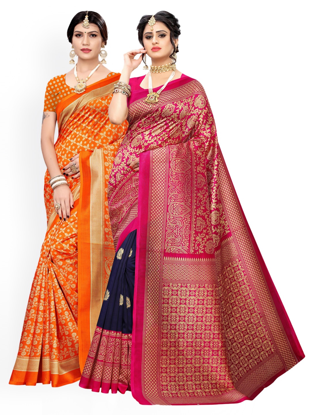 

KALINI Pack Of 2 Orange & Pink Ethnic Motifs Zari Art Silk Sarees