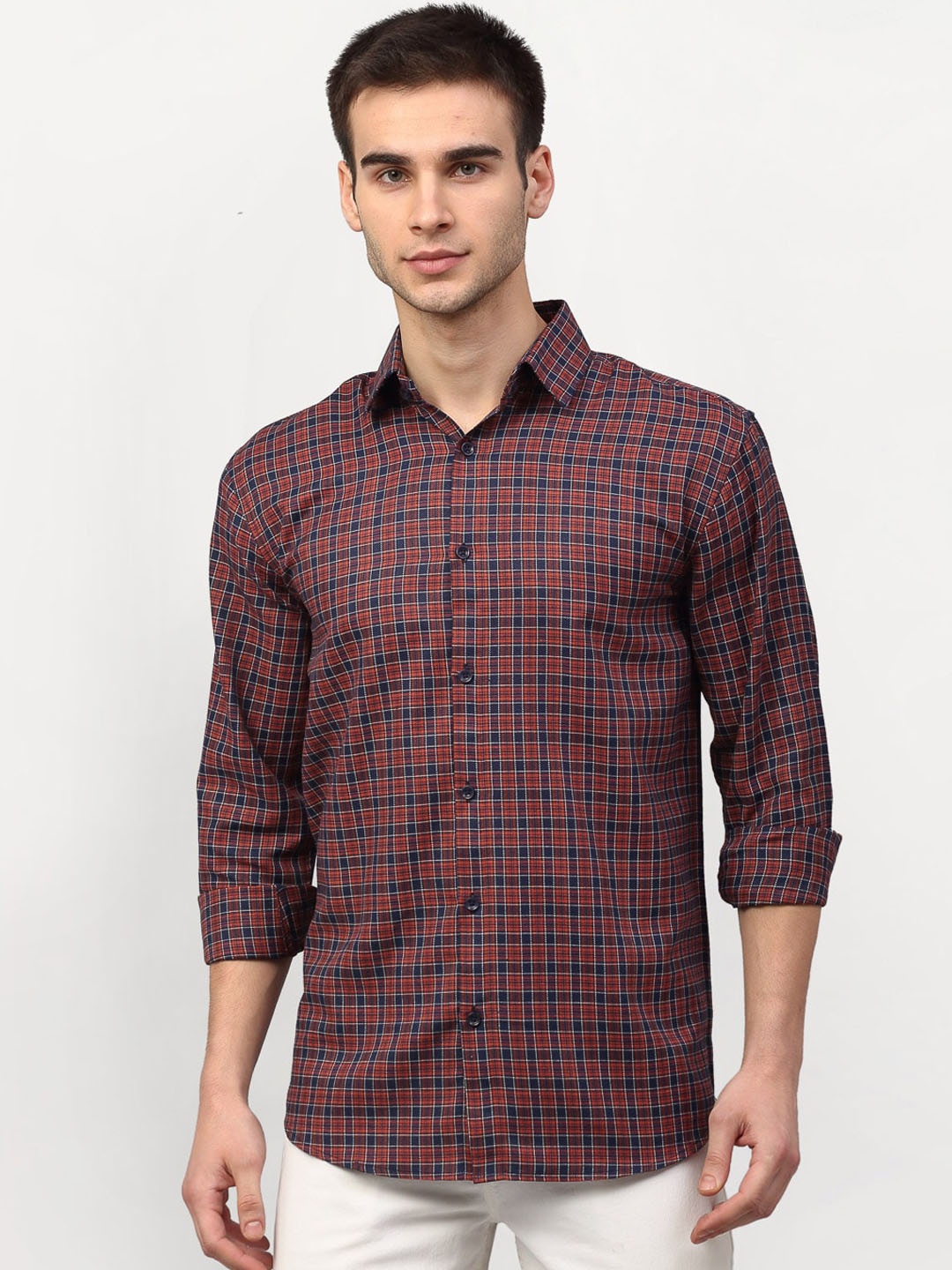 

JAINISH Men Maroon& Black Checked Regular Fit Casual Shirt
