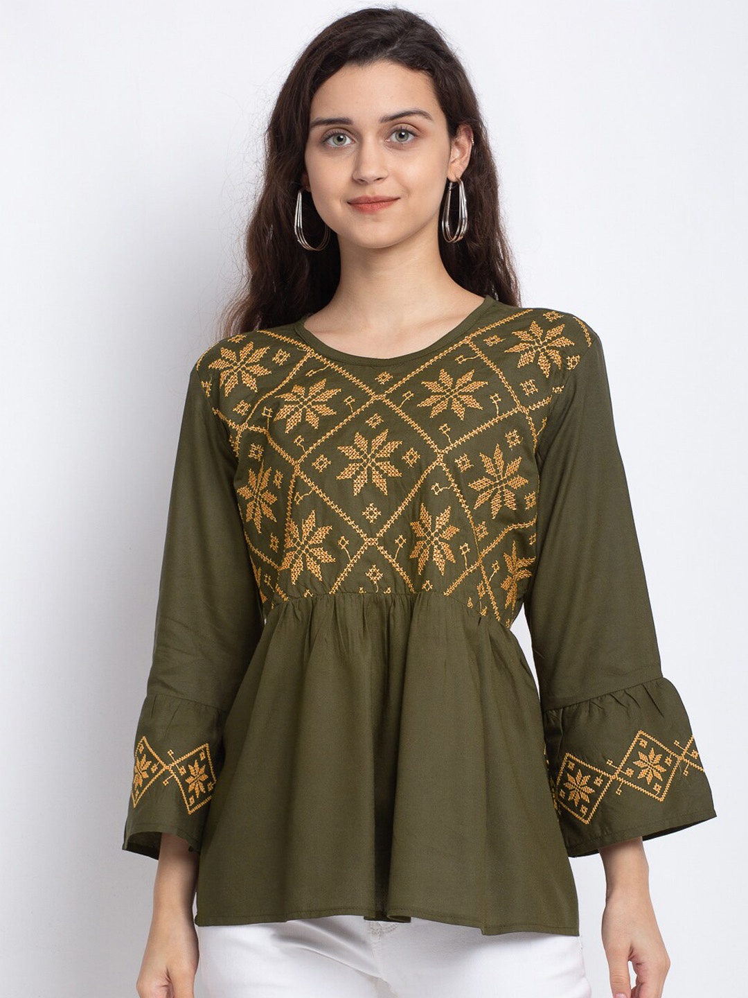 

Miaz Lifestyle Olive Floral Embroidered Bell Sleeve Crepe A-Line Top