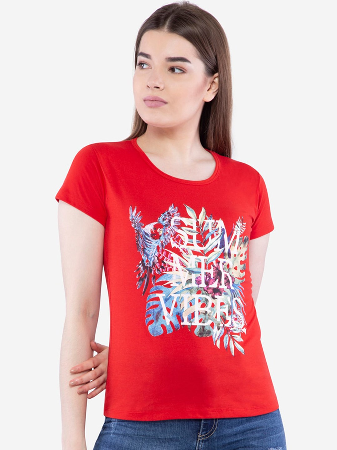 

NEVA Red Graphic Printed Cotton Regular Top