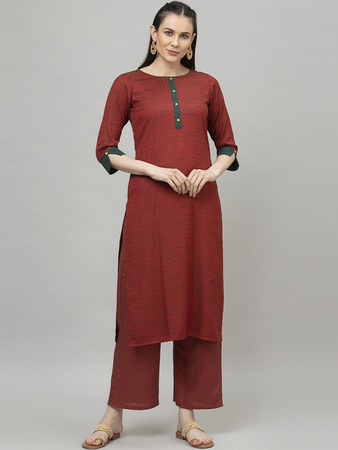 

SANISA Women Maroon Pure Dobby Cotton Kurta with Trousers