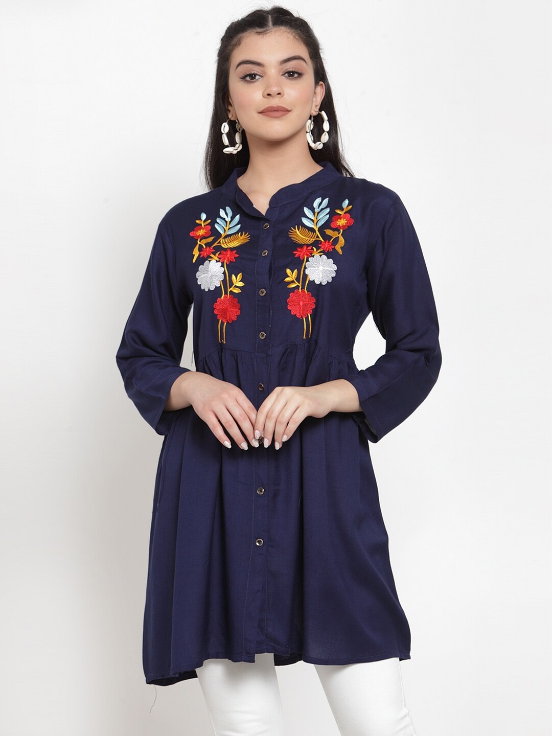 

Miaz Lifestyle Navy Blue Mandarin Collar Embroidered Tunic