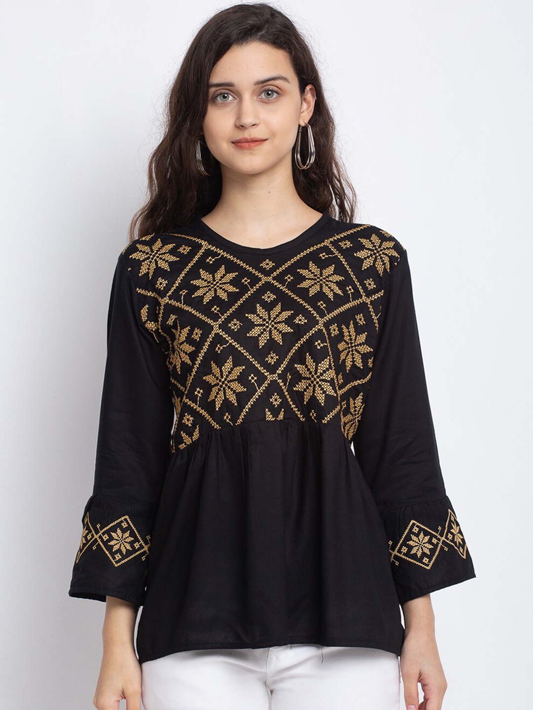 

Miaz Lifestyle Black Geometric Embroidered Bell Sleeve Crepe A-Line Top