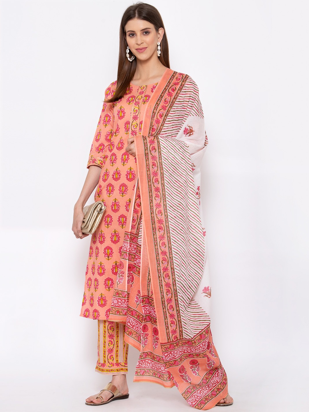 

Yuris Women Peach Floral Printed Pure Cotton Kurta with Trousers & With Dupatta