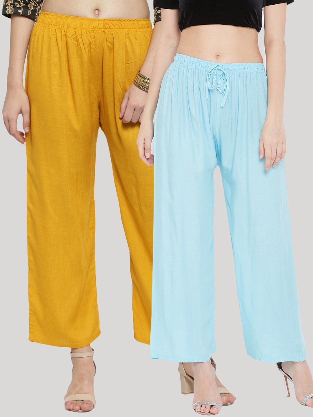Clora Creation Women Mustard & Turquoise Blue Pack of 2 Knitted Palazzos