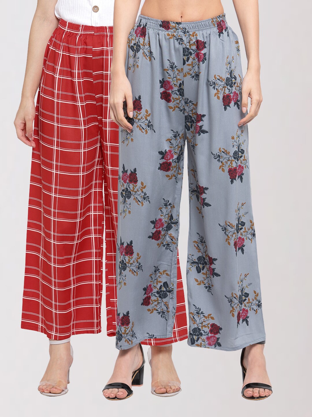 

KLOTTHE Women Grey & Red Pack of 2 Floral Printed Palazzos