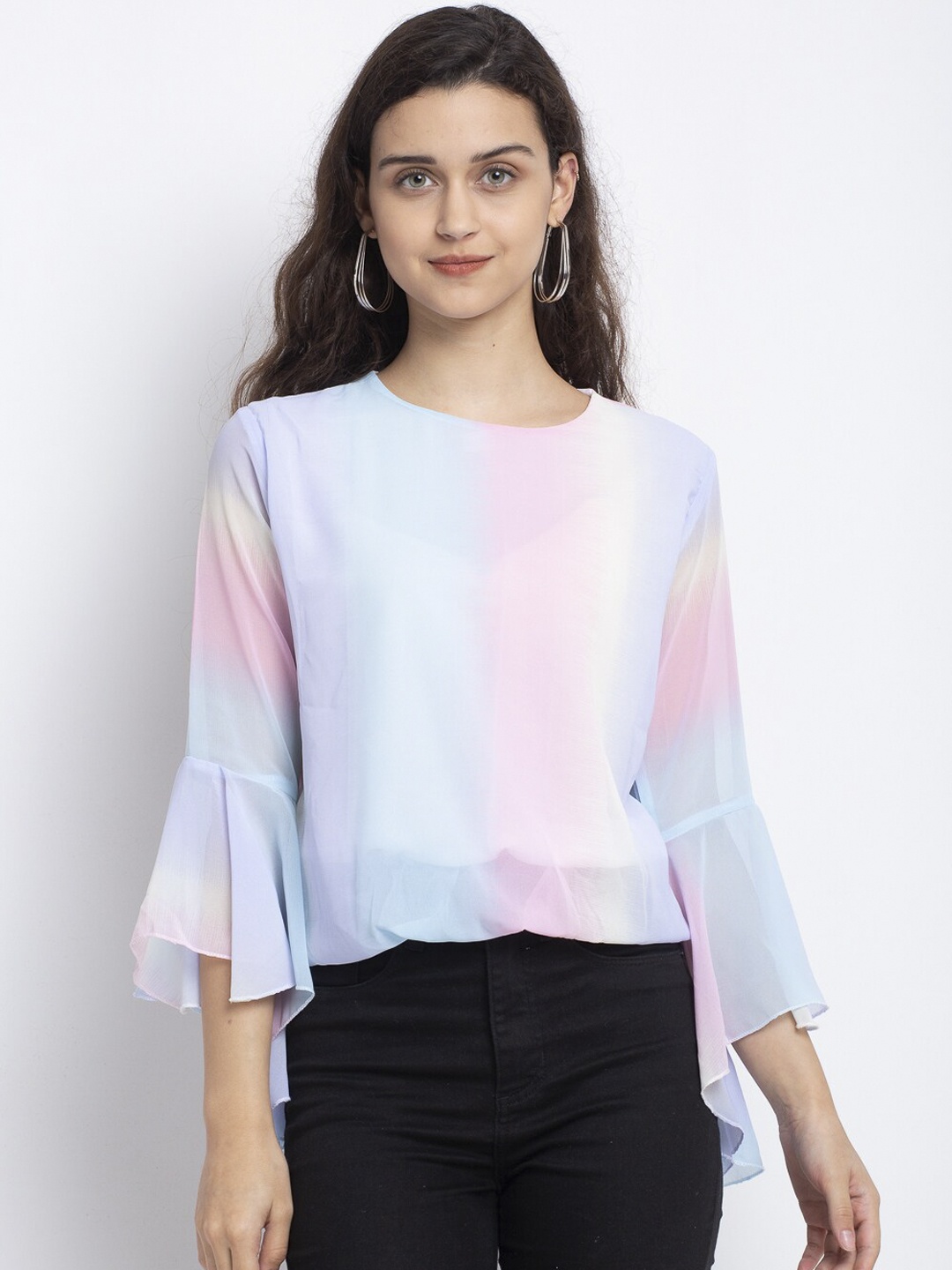 

Miaz Lifestyle Pink & Blue Colourblocked Bell Sleeve Crepe Regular Top
