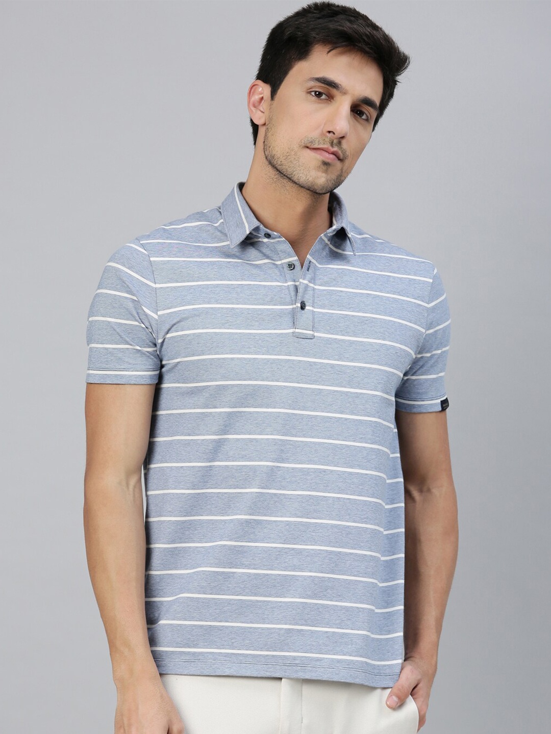 

RARE RABBIT Men Blue Striped Polo Collar T-shirt Pockets Tshirts