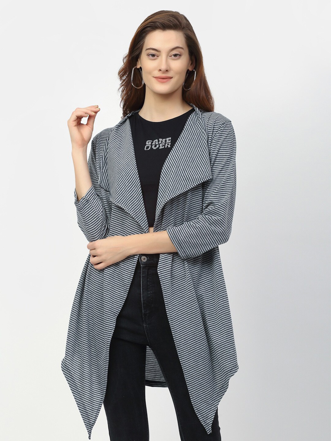 

Rigo Cotton Striped Open Front Shrug, Grey