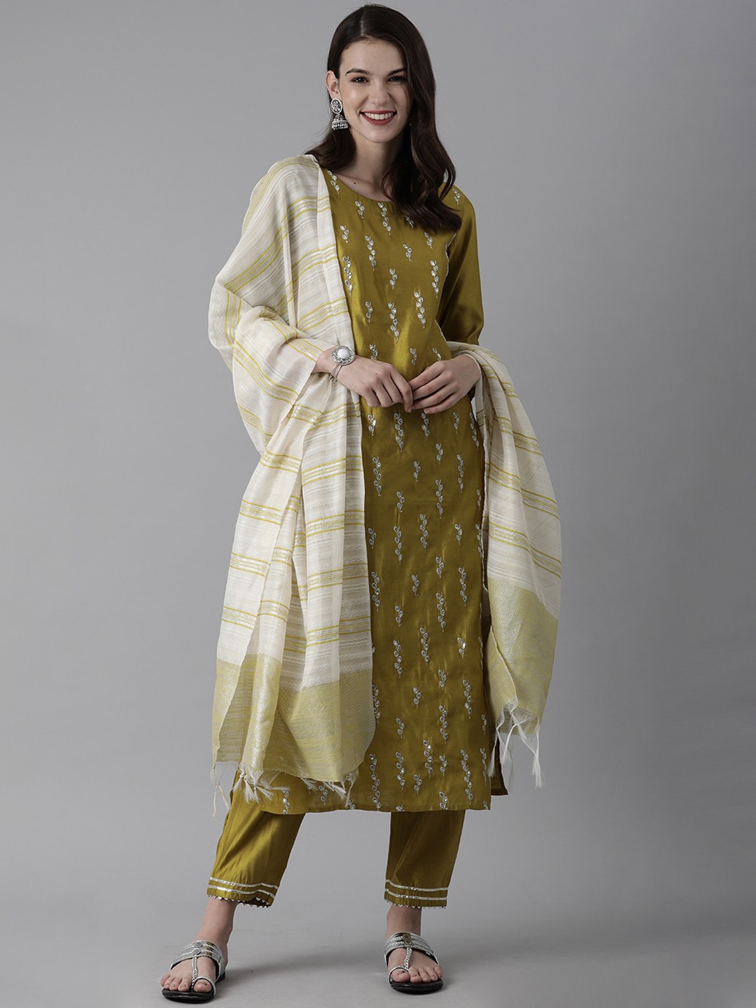 

Indo Era Women Olive Green Kurta With Palazzo & Dupatta Set