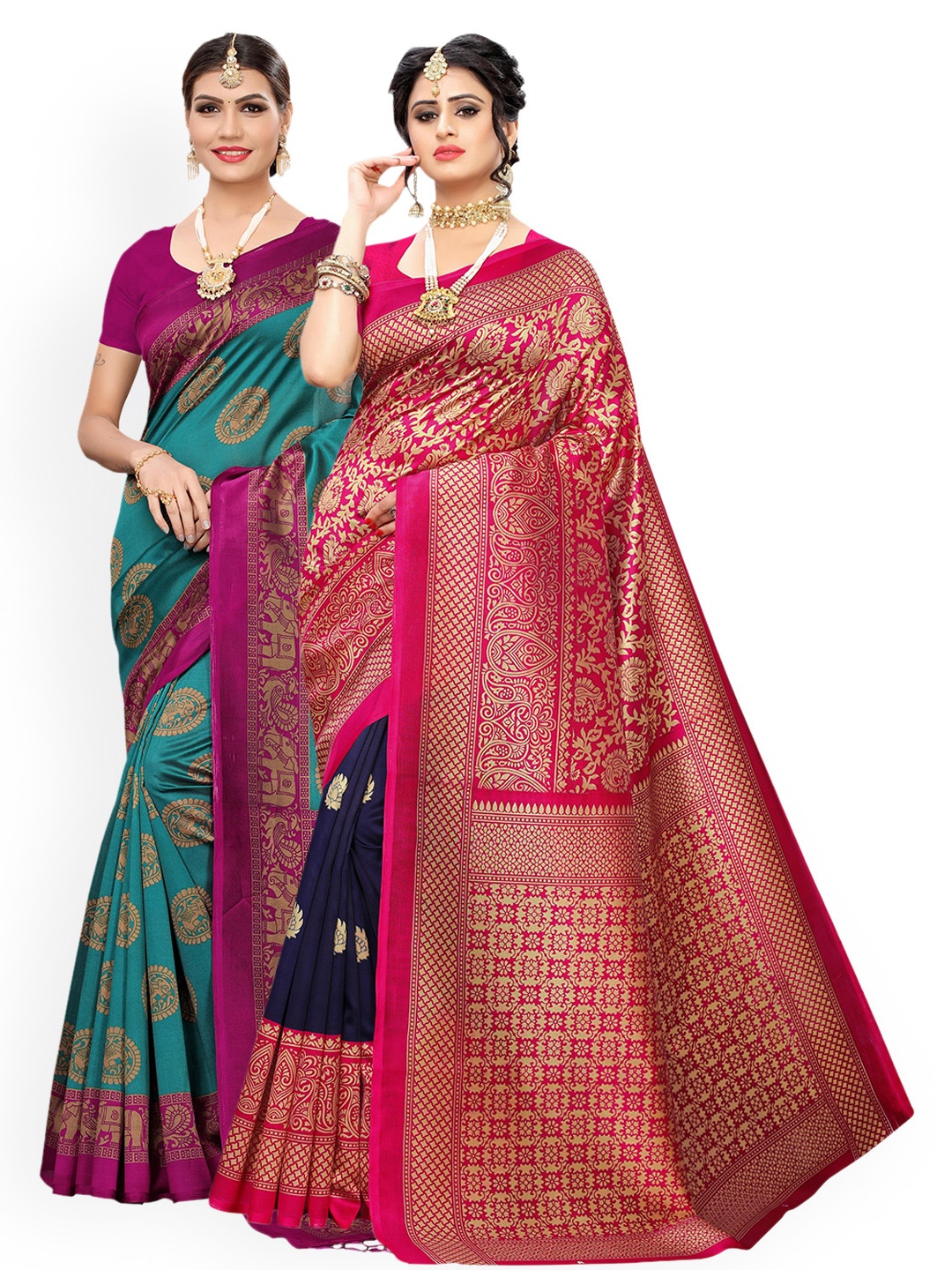 

KALINI Sea Green & Pink Pack of 2 Ethnic Motifs Art Silk Sarees