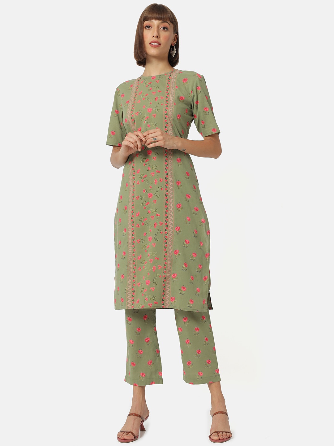 

Saaki Women Olive & Pink Ethnic Motifs Printed Kurta