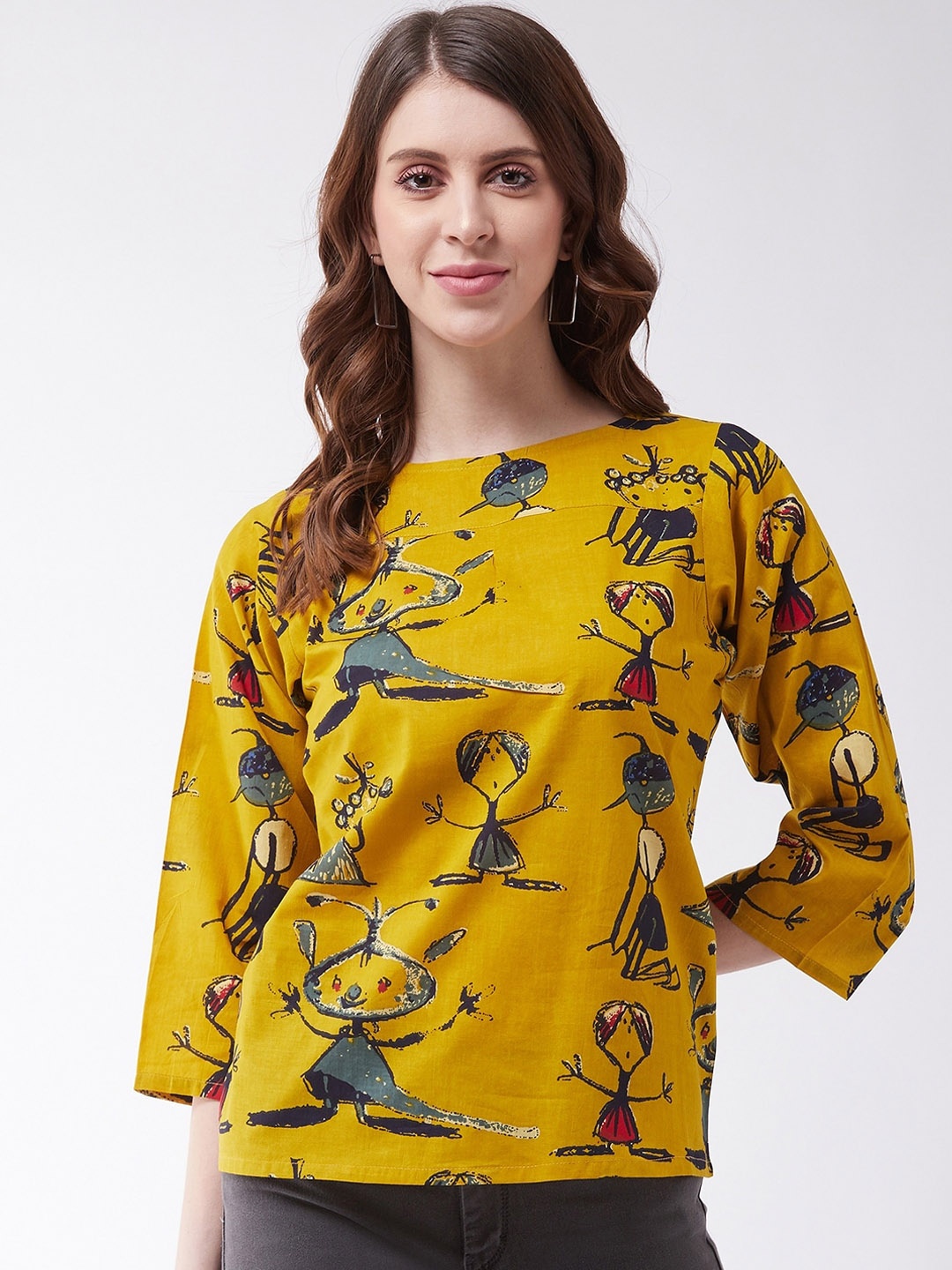

InWeave Mustard Yellow Printed Cotton Regular Top