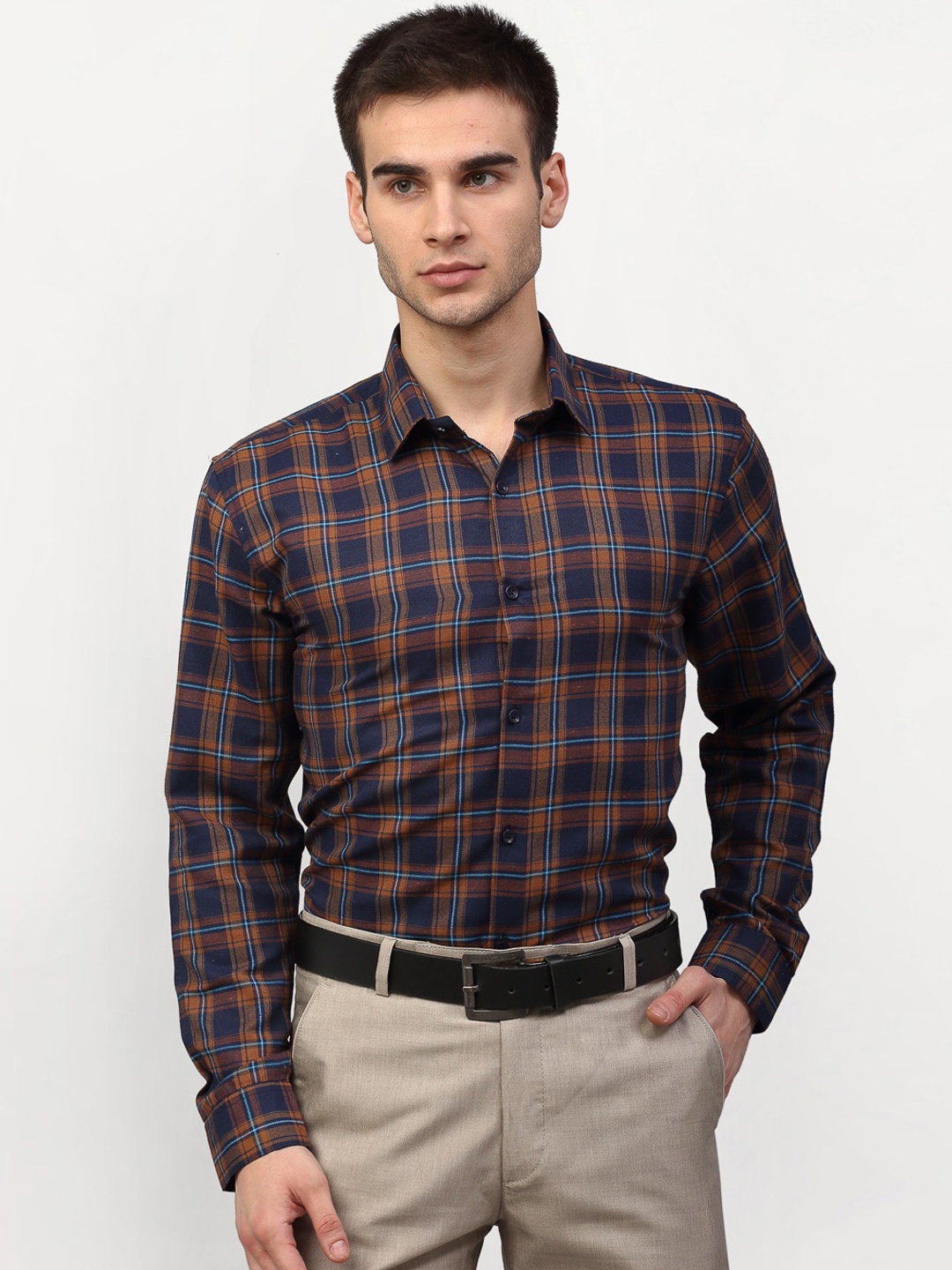 

JAINISH Men Orange & Navy Blue Checked Regular Fit Formal Shirt