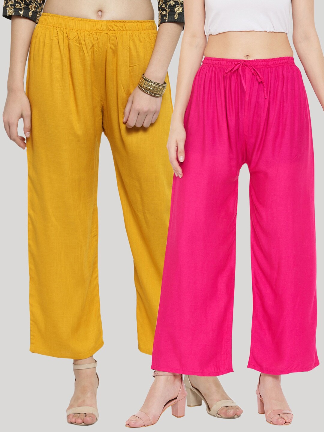 

Clora Creation Women Pack Of 2 Mustard Yellow & Magenta 2 Knitted Palazzos