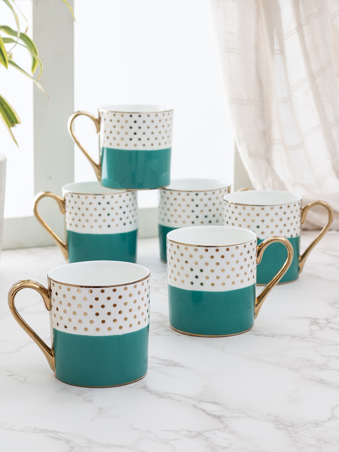 

CLAY CRAFT Set Of 6 White & Green Printed Ceramic Cups