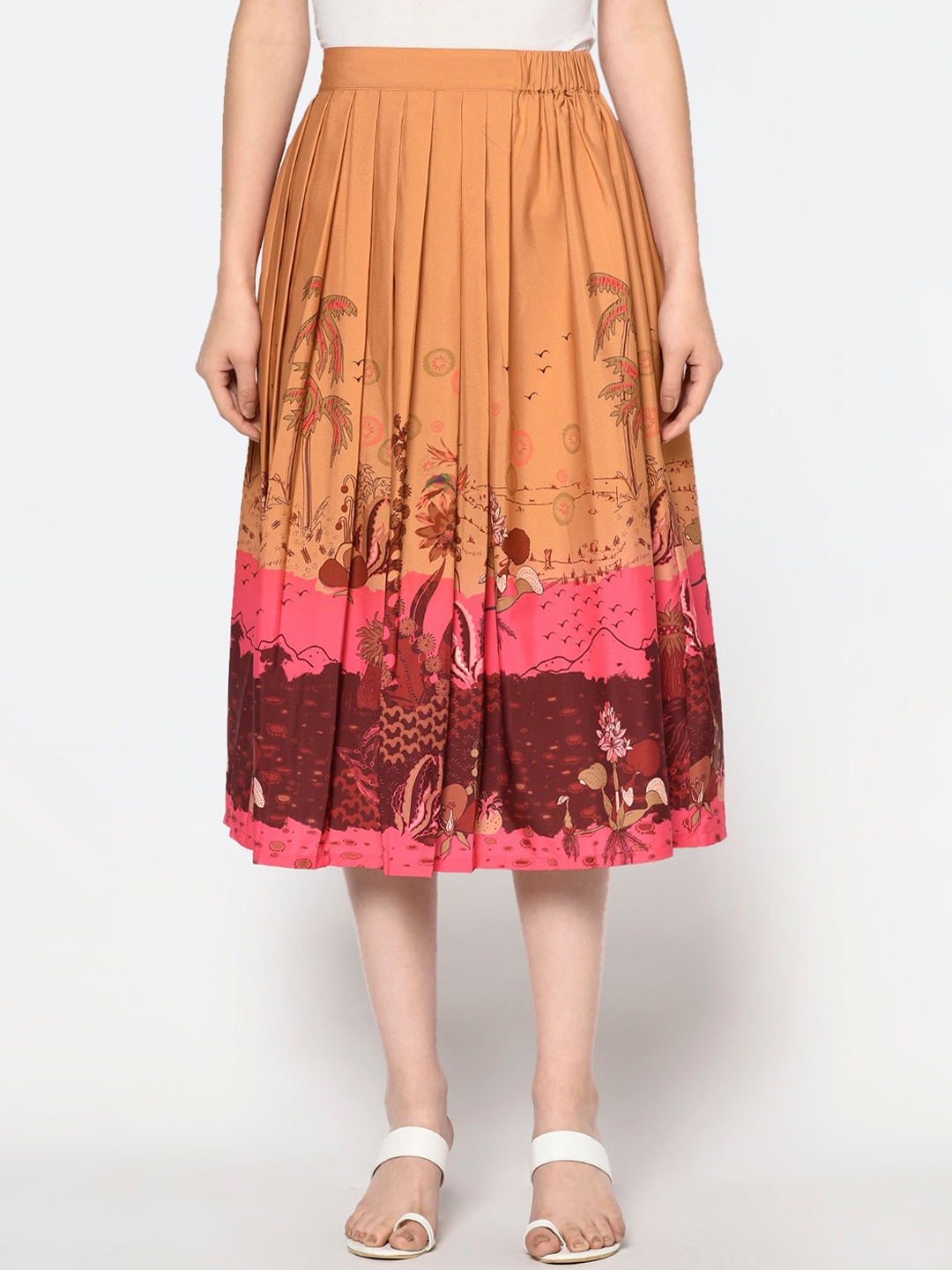 

BLANC9 Women Brown & Pink Printed Flared Midi Skirt