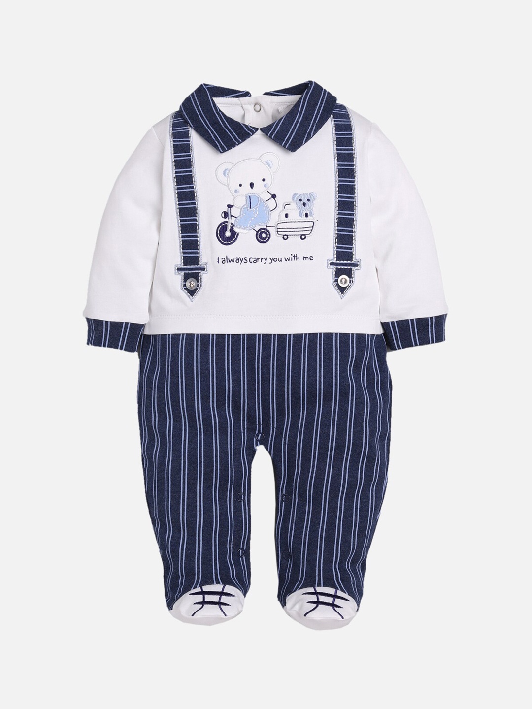 

BABY GO Infants Boys Navy Blue & White Striped Cotton Rompers