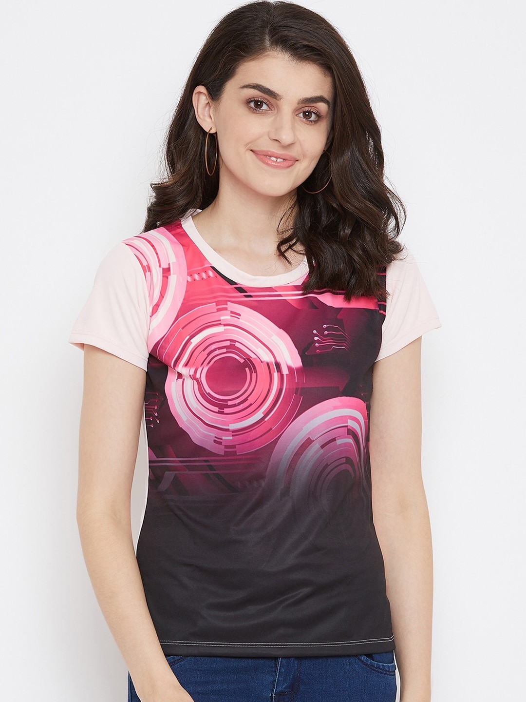 

NEVA Women Black & Pink Pure Cotton Regular Top