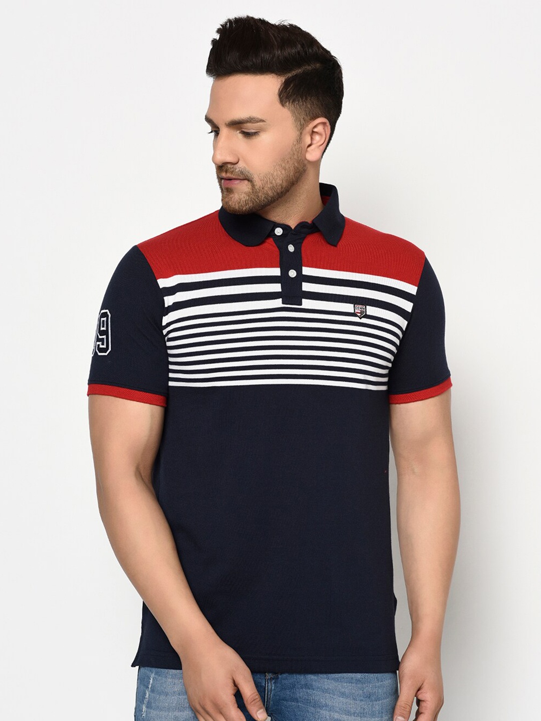 

ELEGANCE Men Navy Blue & White Striped Polo Collar T-shirt