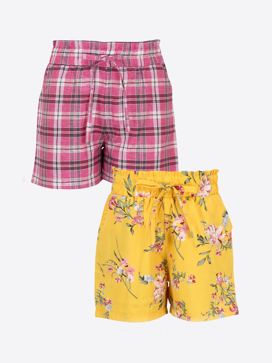 

CUTECUMBER Girls Pack of 2 Yellow Floral Printed Mid-Rise Regular Shorts