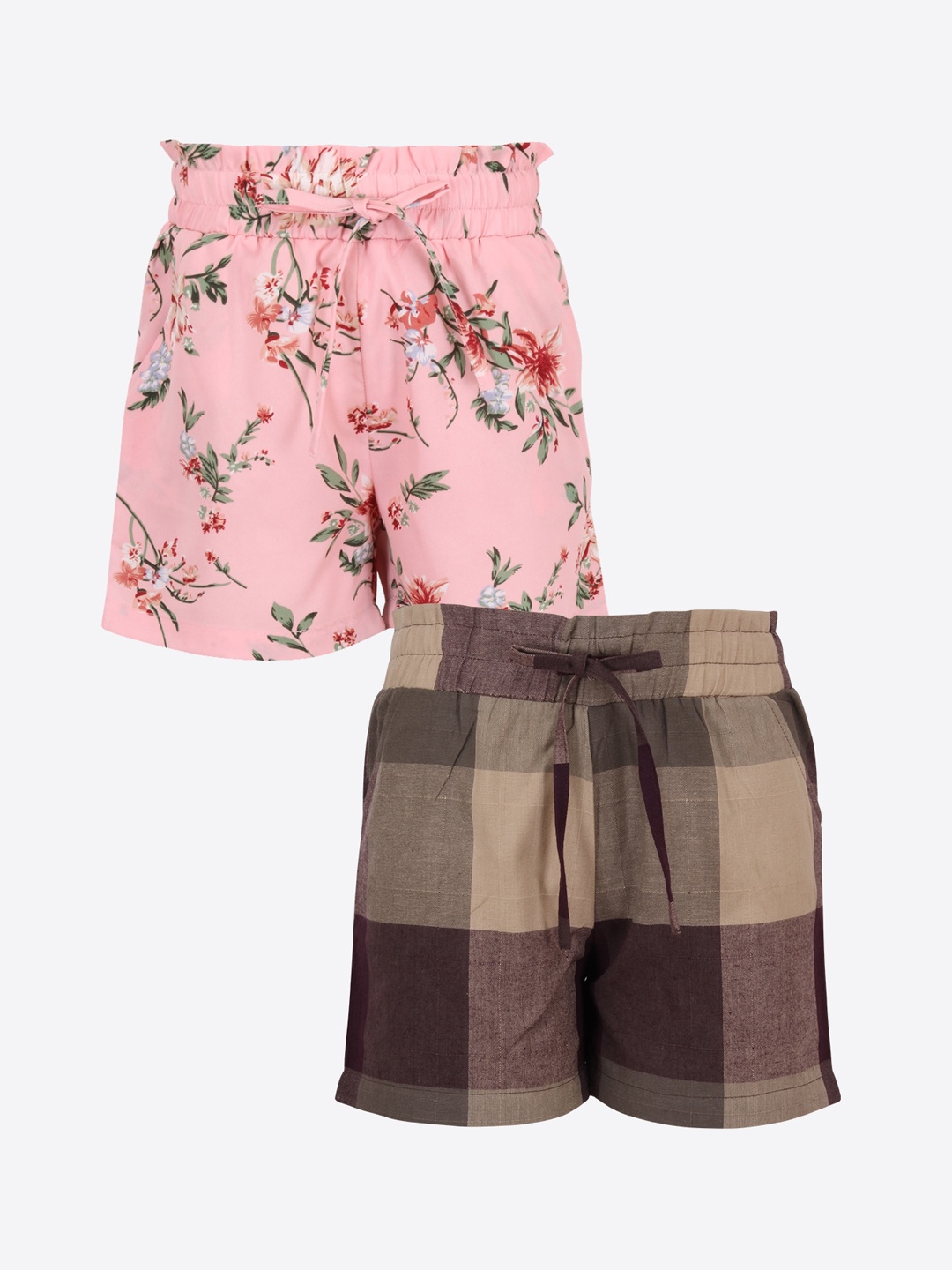 

CUTECUMBER Girls Pack of 2 Pink Floral Printed Mid-Rise Regular Shorts