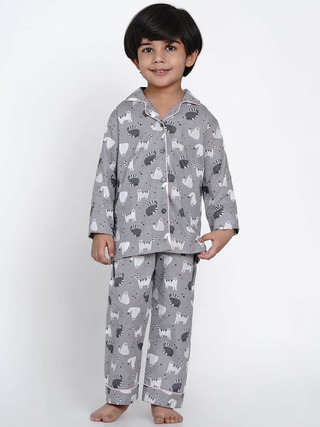 berrytree Boys Grey & White Printed Night Suit