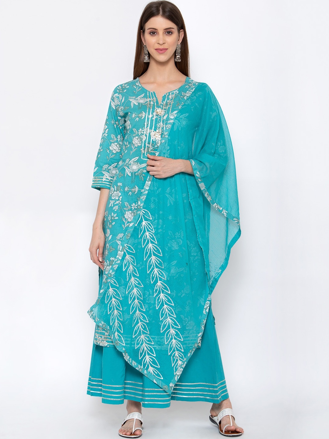 

Yuris Women Blue Floral Printed Pure Cotton Kurta with Palazzos & With Dupatta