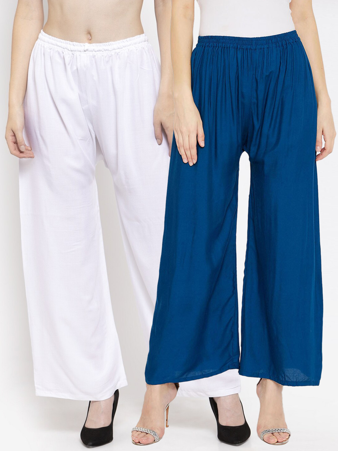 

Clora Creation Women Pack Of 2 White & Blue Knitted Palazzos