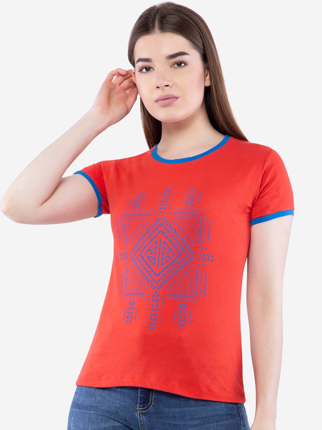 

NEVA Red & Blue Geometric Regular Top