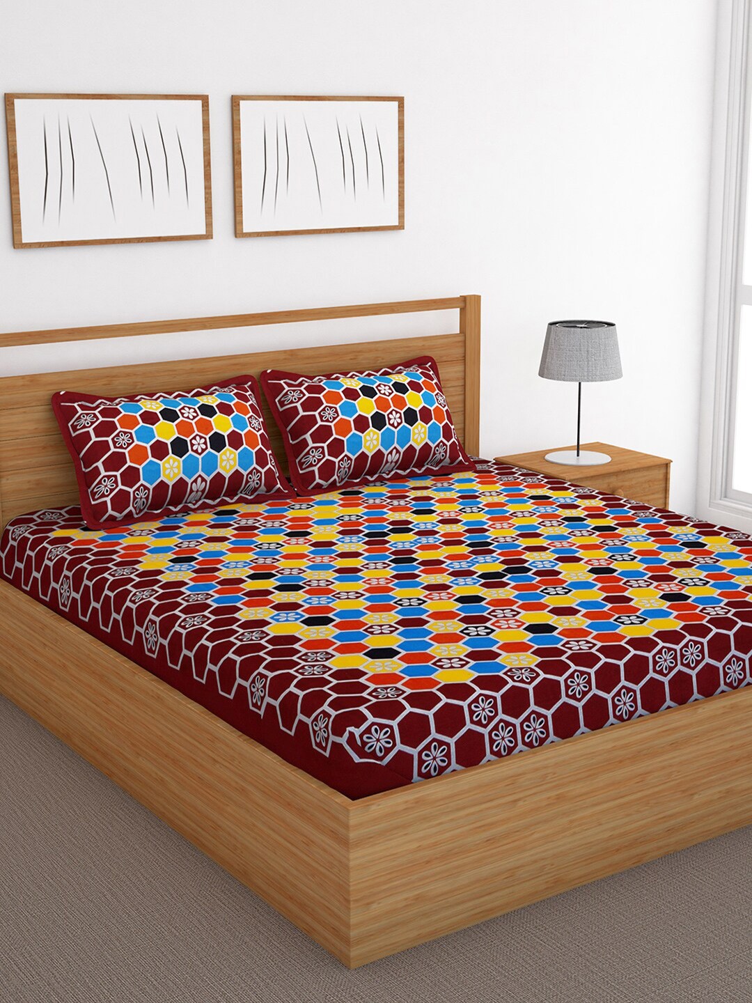 

Bedspun Maroon & Blue Geometric 120 TC Cotton 1 Queen Bedsheet with 2 Pillow Covers