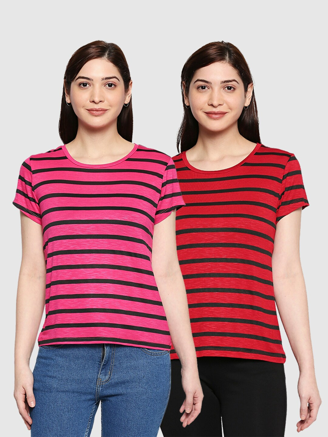 

inocenCia Pack of 2 Women Fuchsia & Red Striped T-shirt