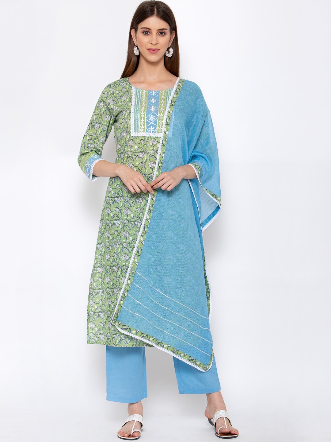 

Yuris Women Green Ethnic Motifs Printed Layered Pure Cotton Kurti with Trousers & With Dupatta