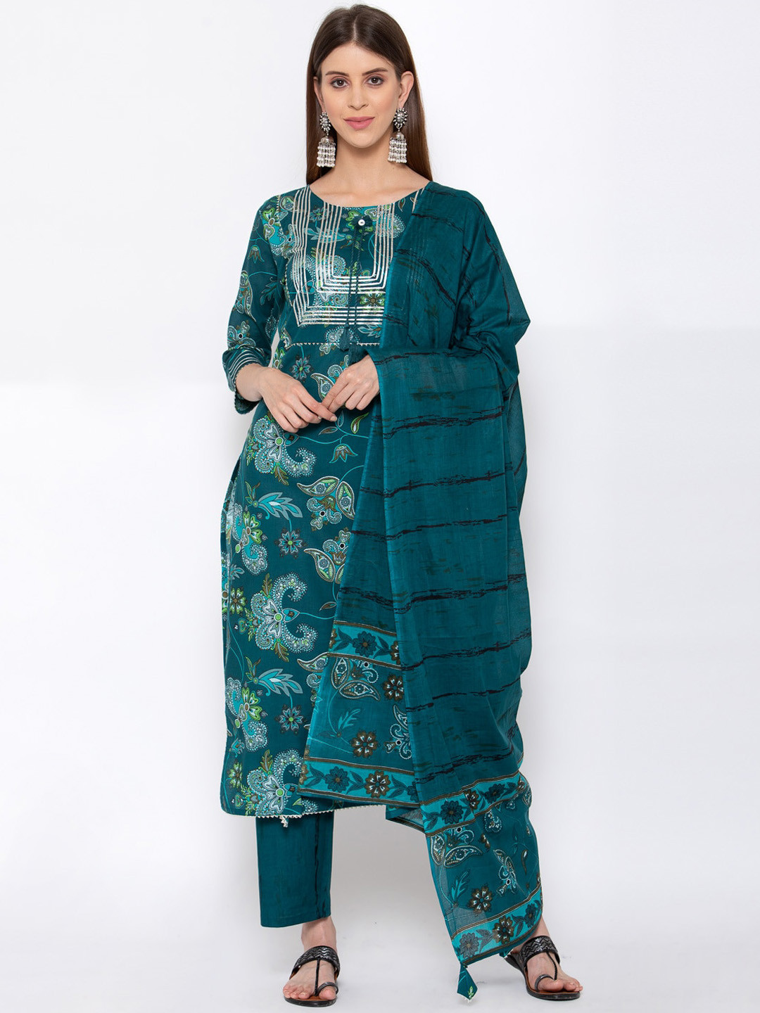 

Yuris Women Teal Printed Pure Cotton Kurti with Trousers & With Dupatta
