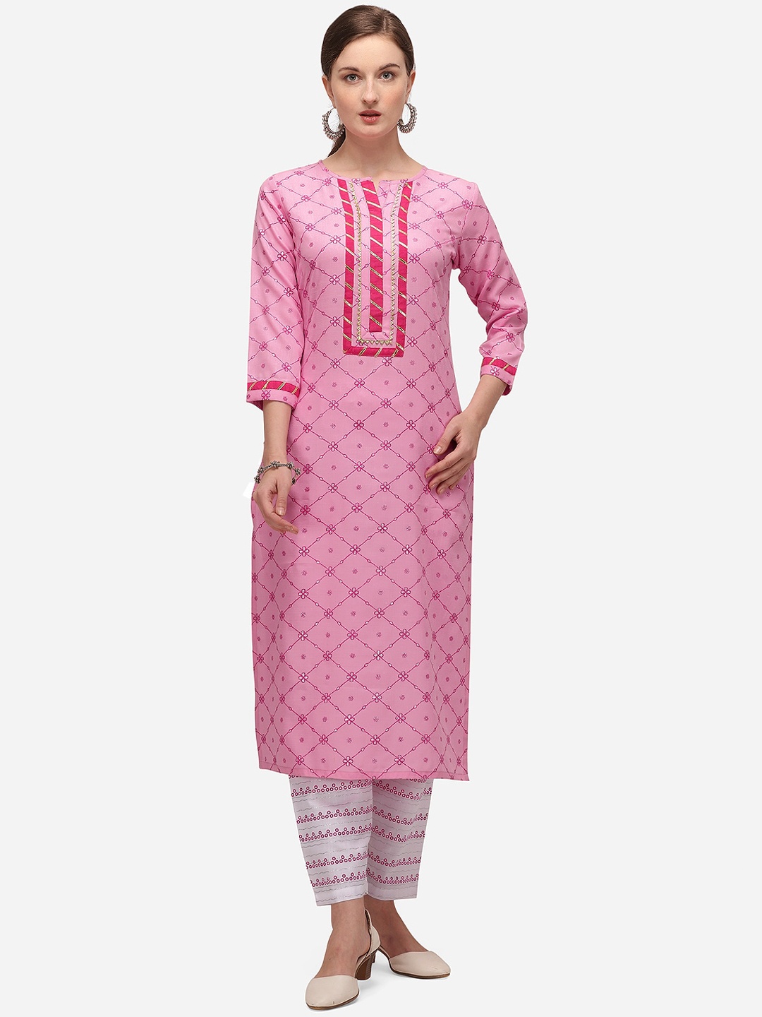 

SheWill Women Pink Ethnic Motifs Printed Gotta Patti Kurta with Trousers