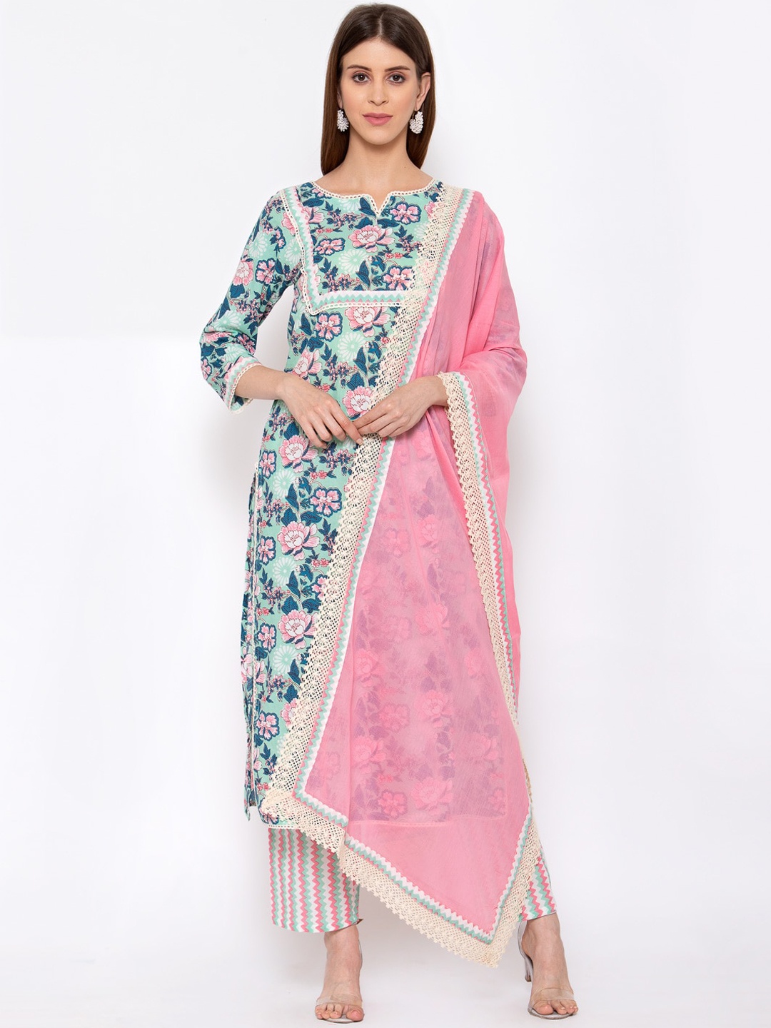 

Yuris Women Sea Green Floral Embroidered Pure Cotton Kurti with Trousers & With Dupatta