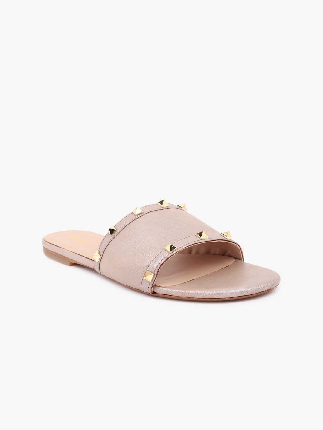 

KLASE Women Nude-Coloured & Gold-Toned Leather Open Toe Flats with Embellished Detail