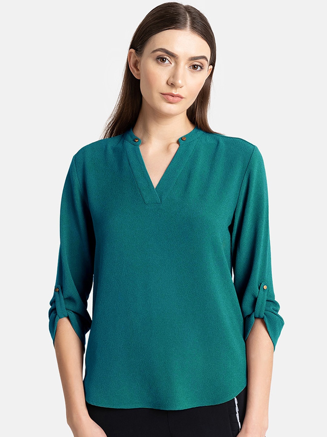 

Kazo Green Mandarin Collar Regular Top