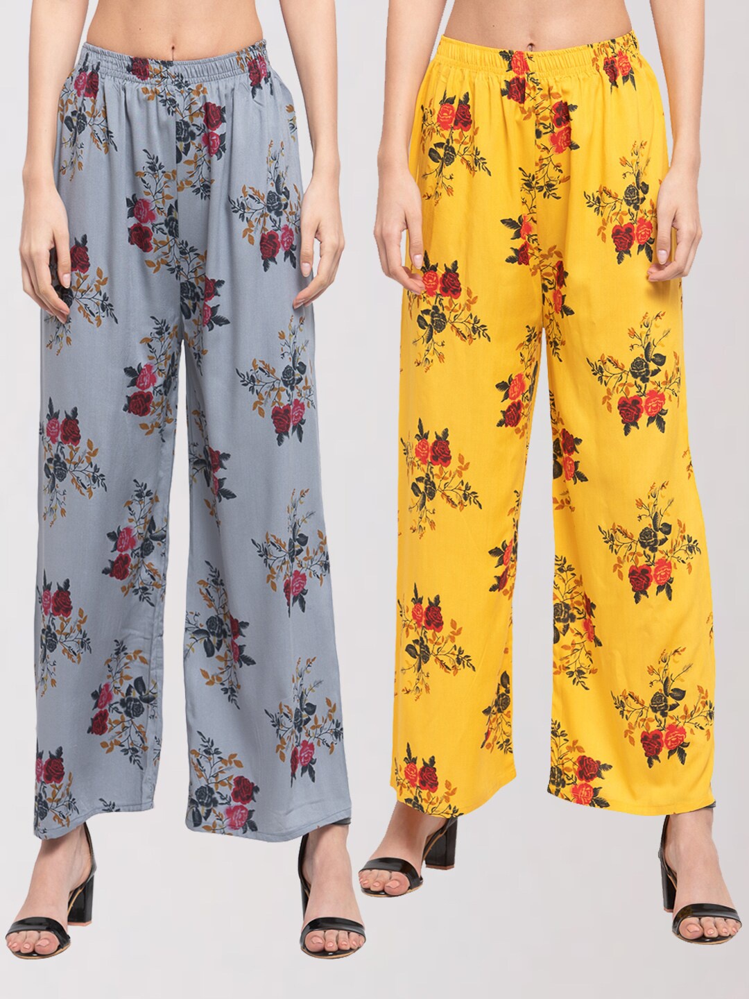 

KLOTTHE Women Yellow & Grey Pack Of 2 Floral Printed Palazzos