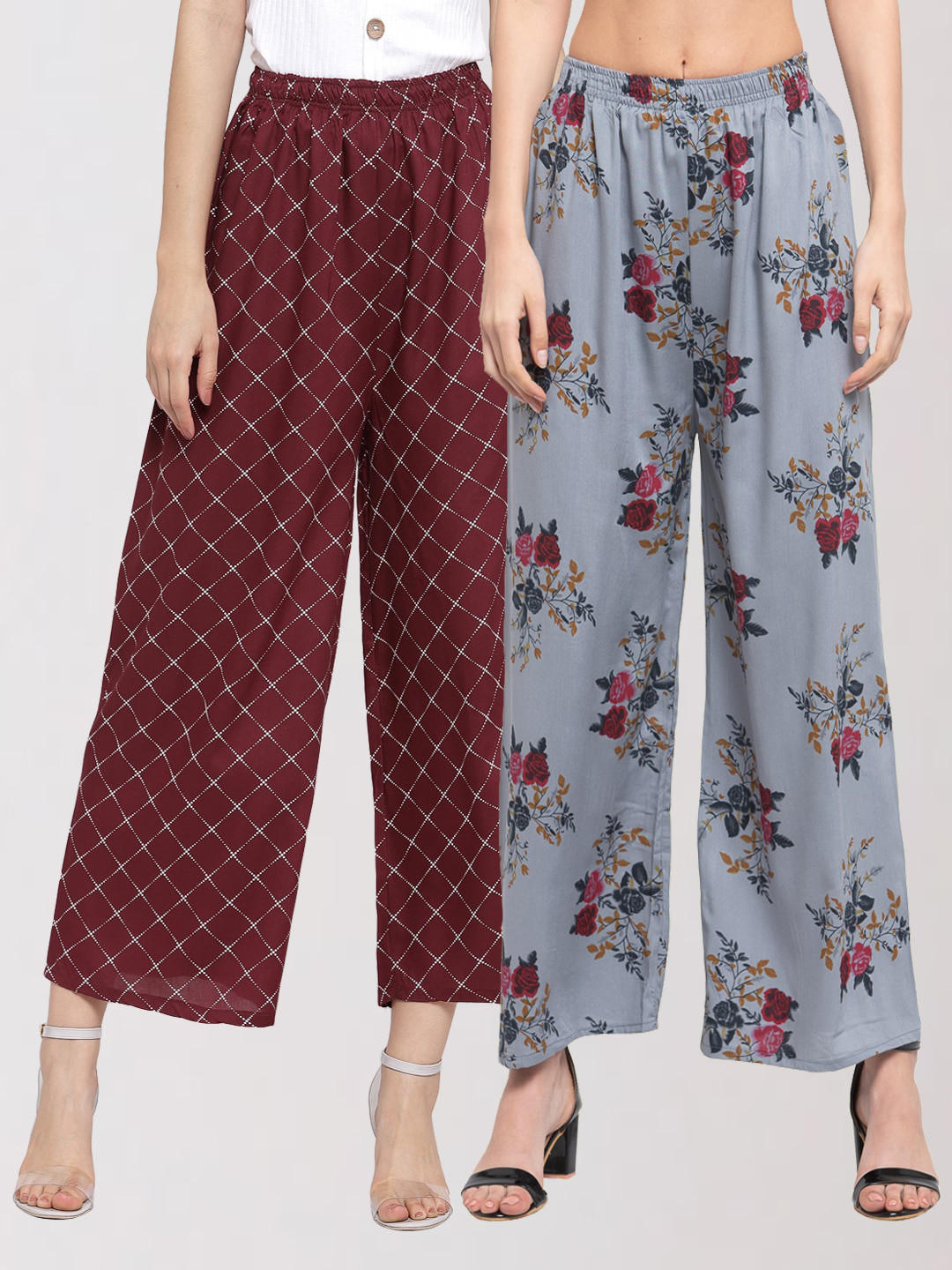 

KLOTTHE Women Grey & Maroon 2 Printed Palazzos