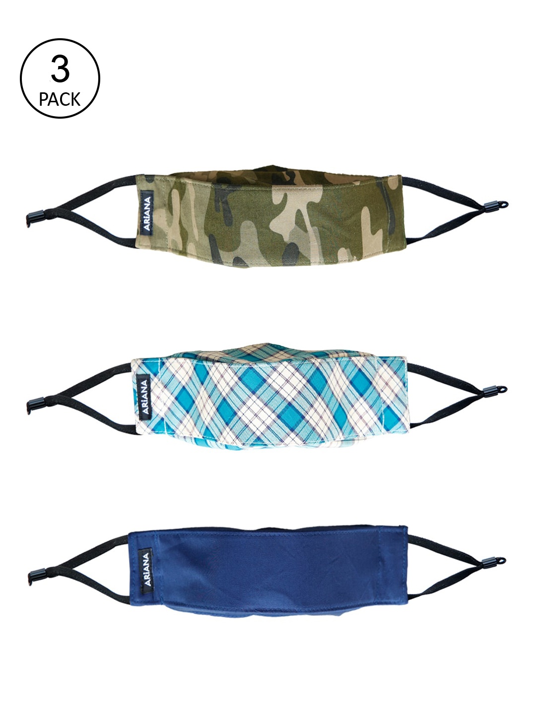 

Ariana Pack Of 3 Unisex 7-Ply 3D Cotton Reusable Cloth Face Masks, Blue