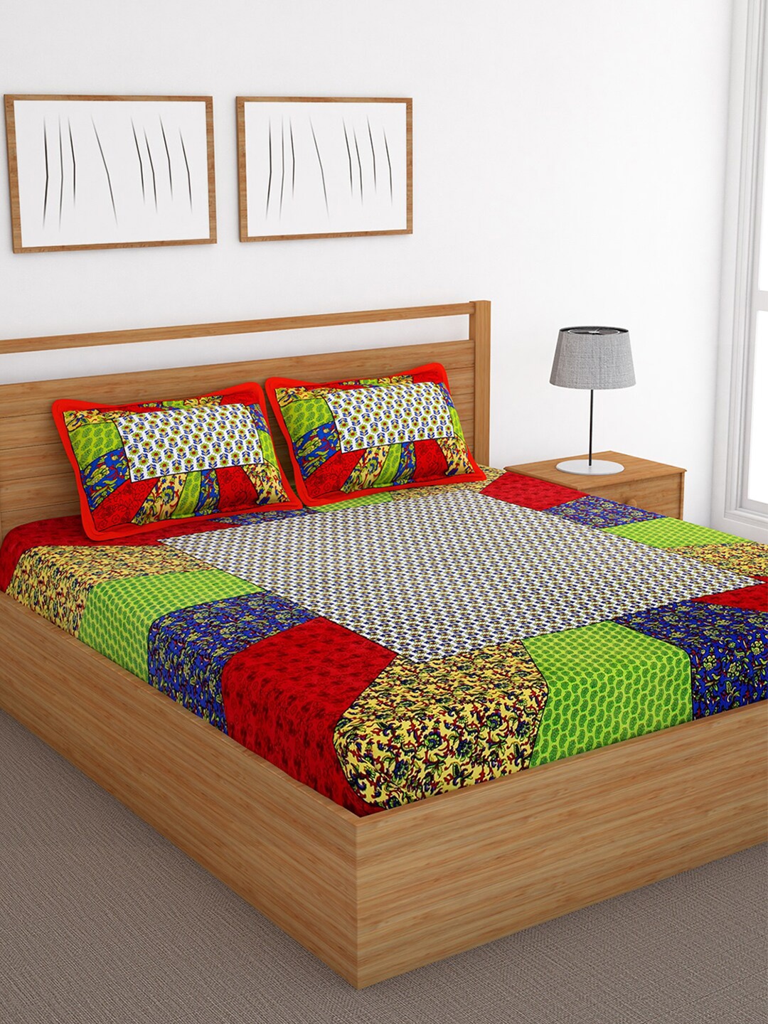 

Bedspun Green & Red Ethnic Motifs 120 TC Cotton 1 Queen Bedsheet with 2 Pillow Covers