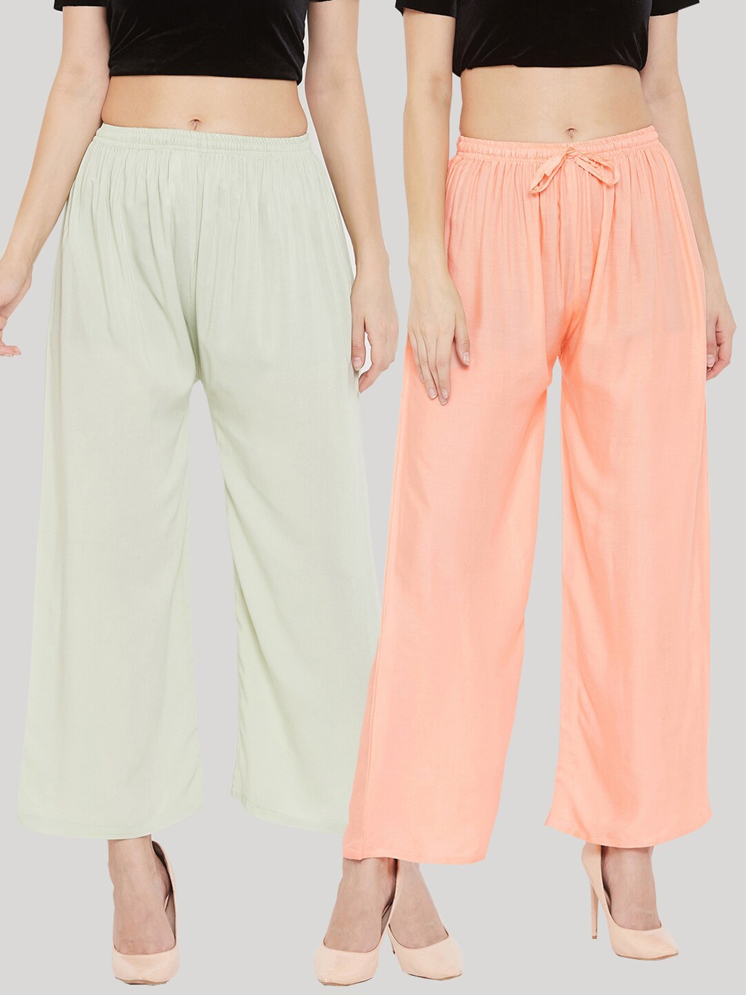 

Clora Creation Women Pack Of 2 Peach-Coloured & Green 2 Knitted Palazzos