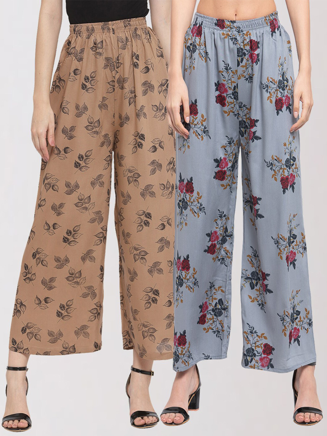 

KLOTTHE Women Pack of 2 Grey & Brown Floral Printed Palazzos