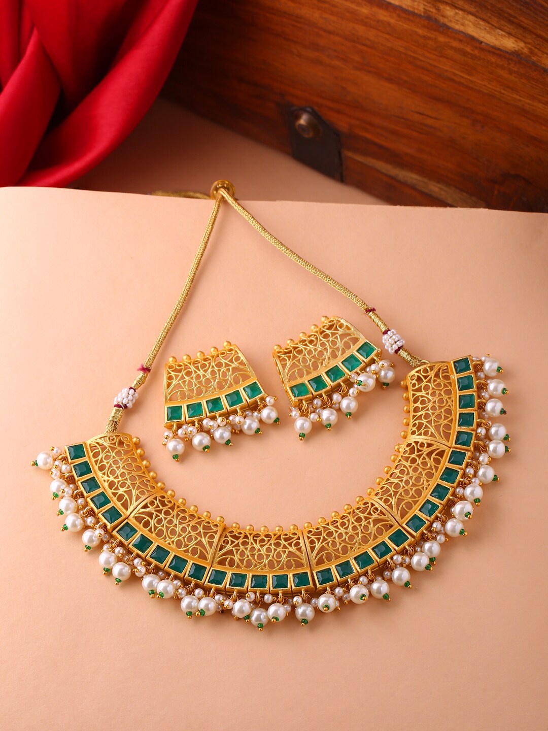 

Shoshaa Gold-Plated Green Handcrafted Artificial Stones-Studded Jewellery Set