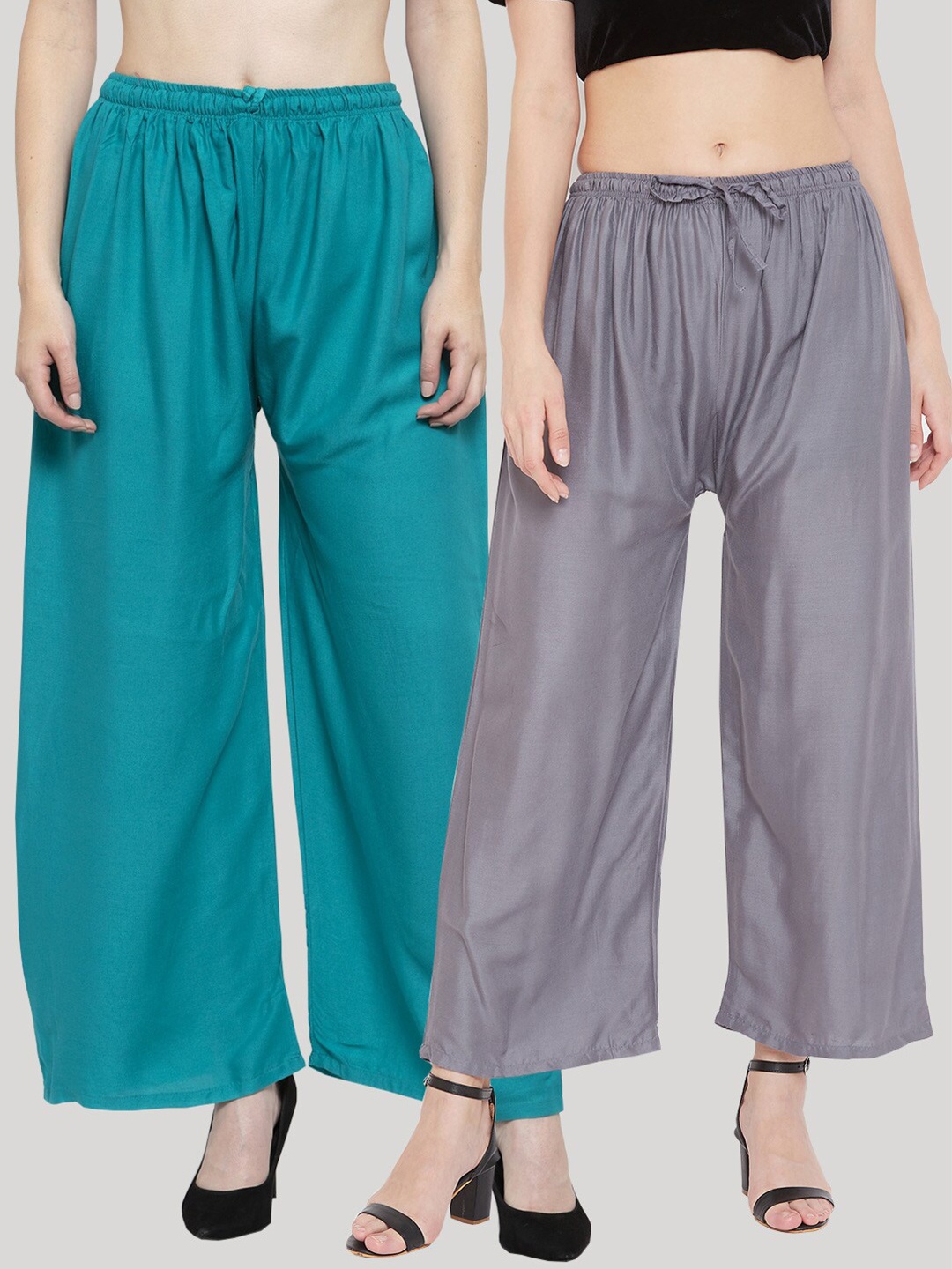 

Clora Creation Women Grey & Teal Blue 2 Knitted Palazzos
