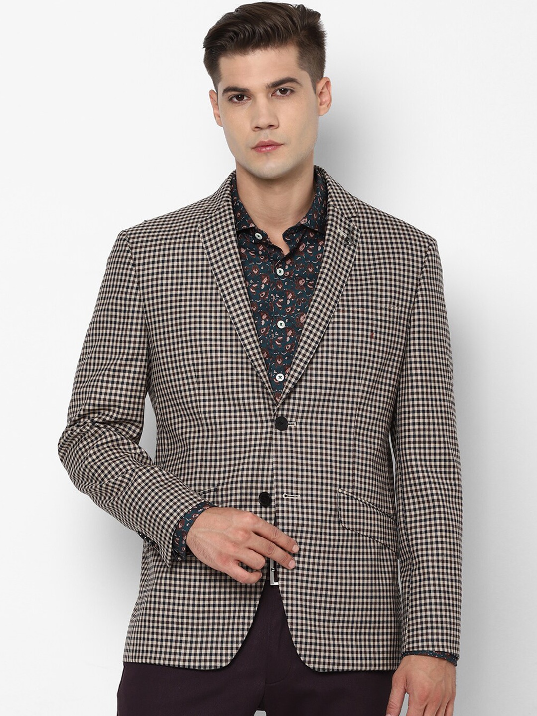 

SIMON CARTER LONDON Men Brown & Beige Checked Wool Single-Breasted Formal Blazer