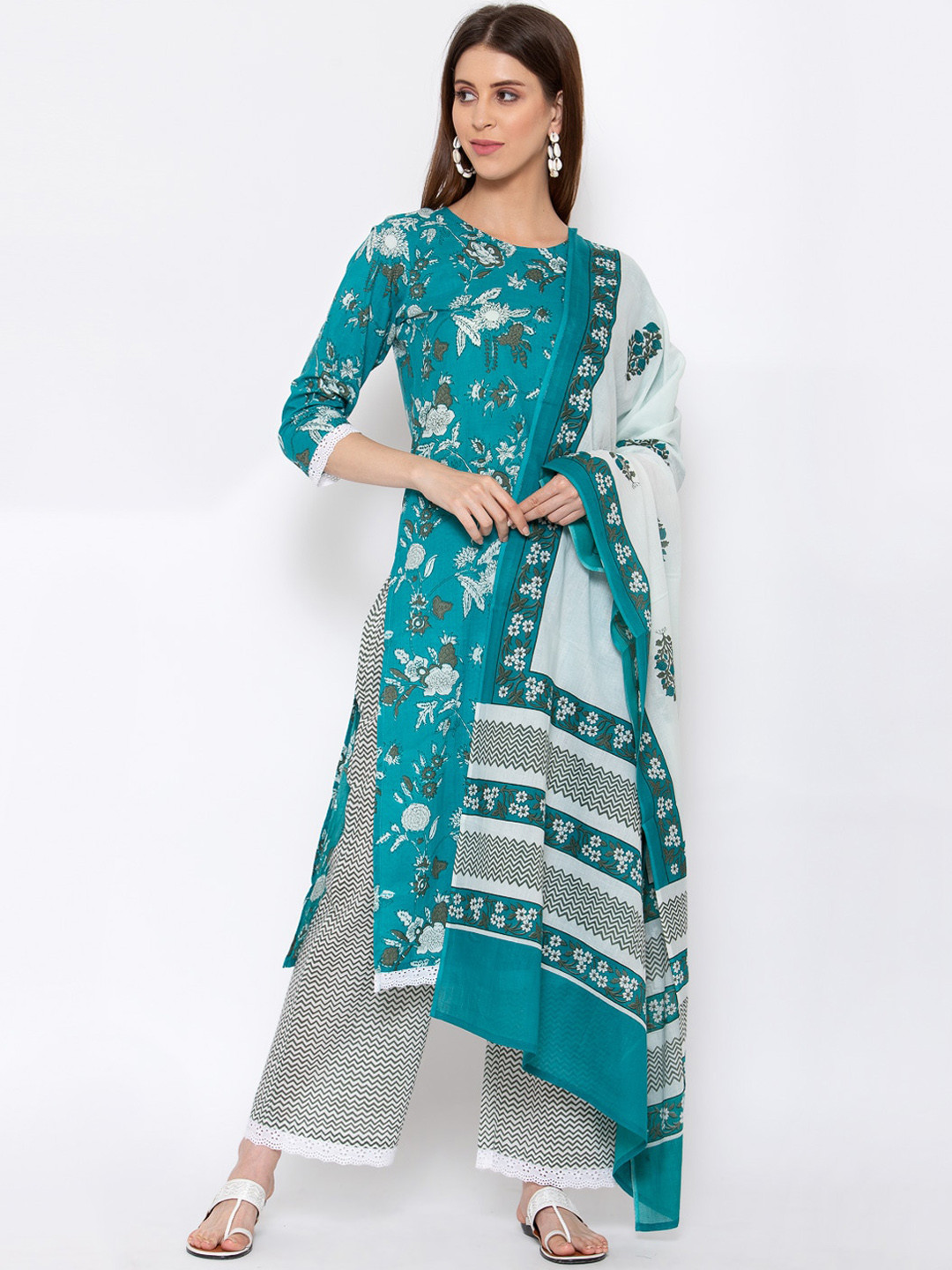 

Yuris Women Teal Floral Printed Panelled Pure Cotton Kurti with Palazzos & With Dupatta